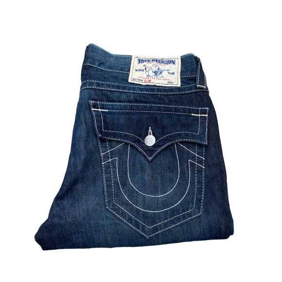 True Religion Jeans Size 34 SLIM FLAP T Blue Contrast Denim Jeans - Picture 4 of 9